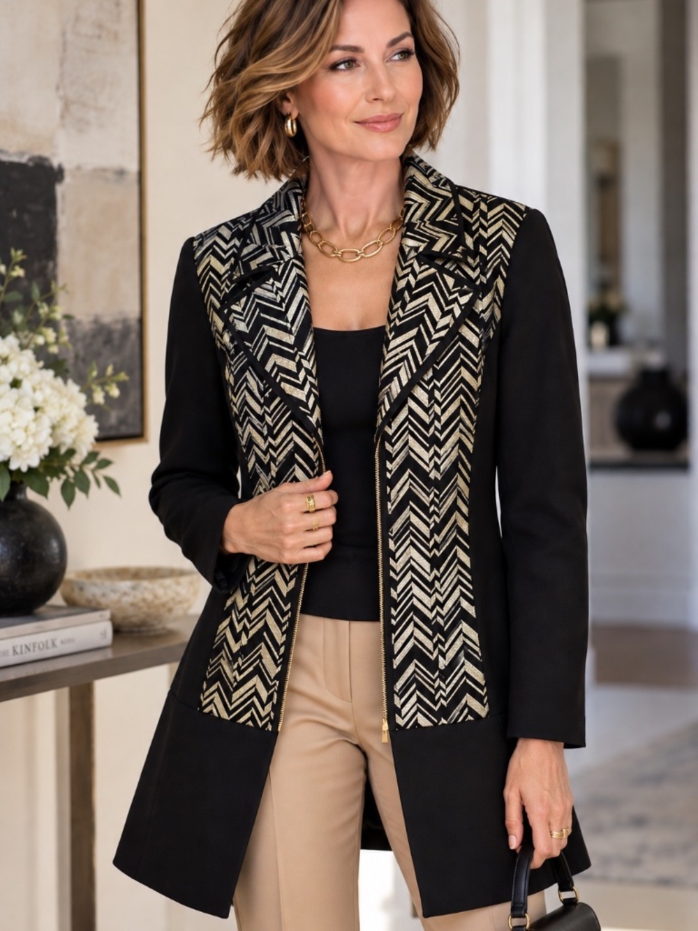 Frank Lyman Black Gold Metallic Chevron Jacket Size 6